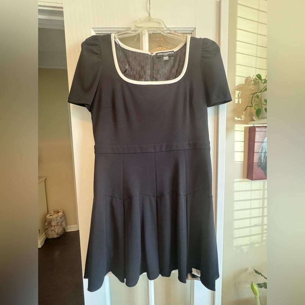 Karl Lagerfeld Black Midi Dress with White Trim NWT